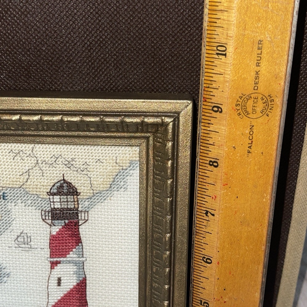 Framed Finished Cross Stitch Art Piece Lighthouse Map Coastal Nautical 9x7 - Picture 4 of 6